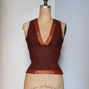Vintage Deep V-Neck Open Back Tie Crop Top